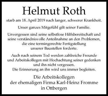 Traueranzeige von Helmut Roth von Westfalen-Blatt