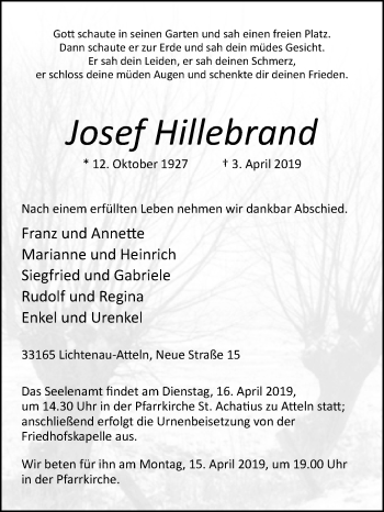 Traueranzeige von Josef Hillebrand von Westfalen-Blatt