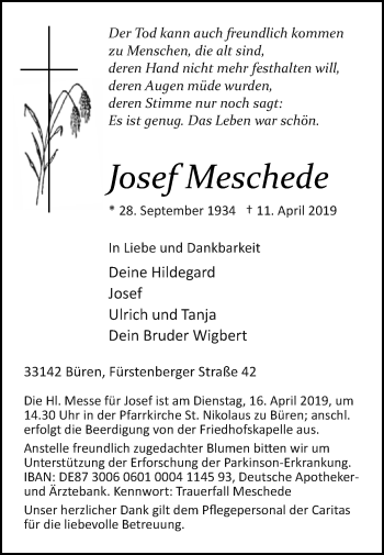 Traueranzeige von Josef Meschede von Westfalen-Blatt