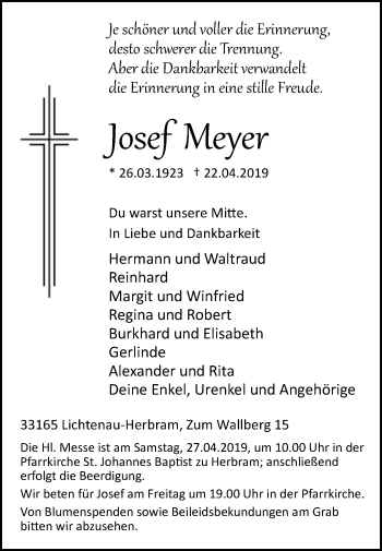 Traueranzeige von Josef Meyer von Westfalen-Blatt