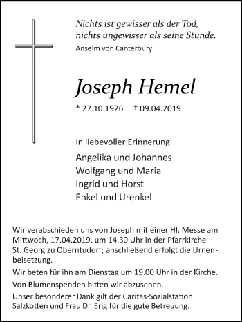 Traueranzeige von Joseph Hemel von Westfalen-Blatt