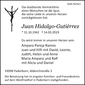 Traueranzeige von Juan Hidalgo-Gutierrez von Westfalen-Blatt