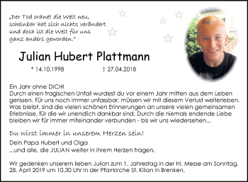 Traueranzeige von Julian Hubert Plattmann von Westfalen-Blatt