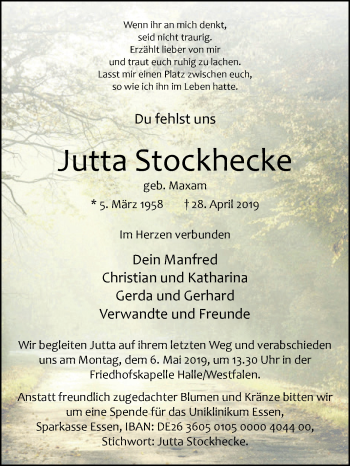 Traueranzeige von Jutta Stockhecke von Westfalen-Blatt