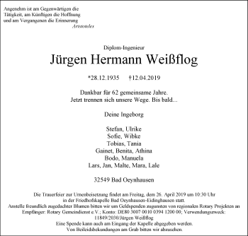 Traueranzeige von Jürgen Hermann Weißflog von Westfalen-Blatt