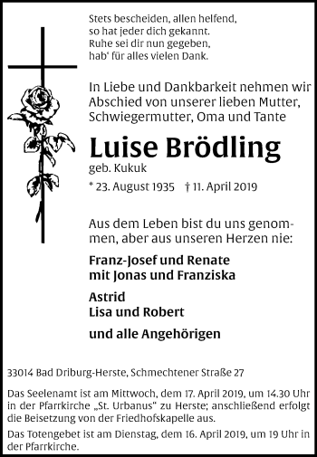 Traueranzeige von Luise Brödling von Westfalen-Blatt