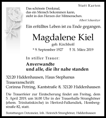 Traueranzeige von Magdalene Kiel von Westfalen-Blatt