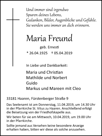 Traueranzeige von Maria Freund von Westfalen-Blatt