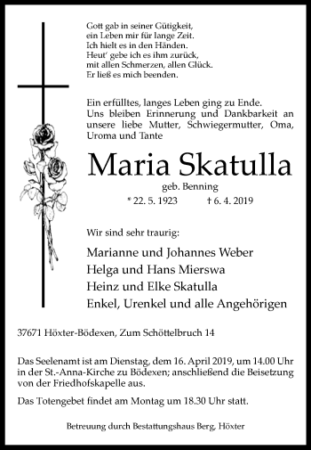 Traueranzeige von Maria Skatulla von Westfalen-Blatt