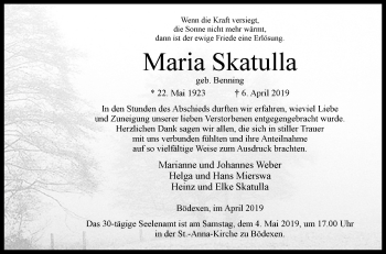 Traueranzeige von Maria Skatulla von Westfalen-Blatt