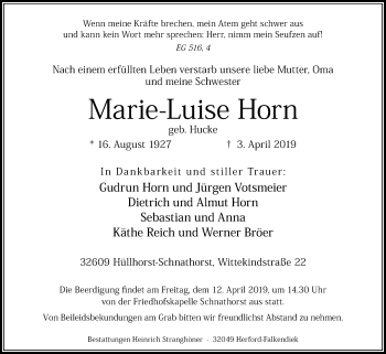 Traueranzeige von Marie-Luise Horn von Westfalen-Blatt