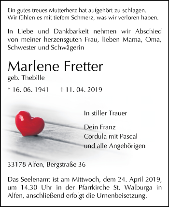 Traueranzeige von Marlene Fretter von Westfalen-Blatt