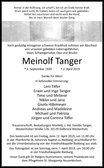 Traueranzeige von Meinolf Tanger von Westfalen-Blatt