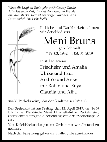 Traueranzeige von Meni Bruns von Westfalen-Blatt