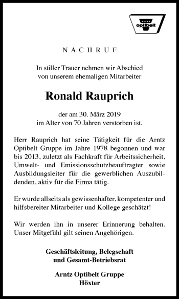 Traueranzeige von Ronald Rauprich von Westfalen-Blatt