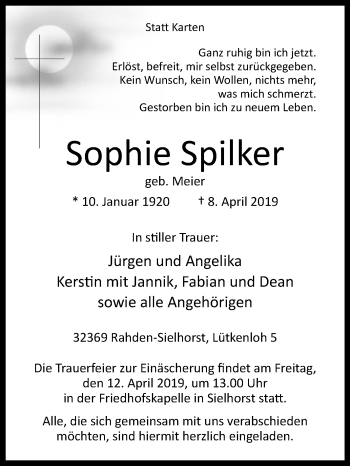 Traueranzeige von Sophie Spilker von Westfalen-Blatt