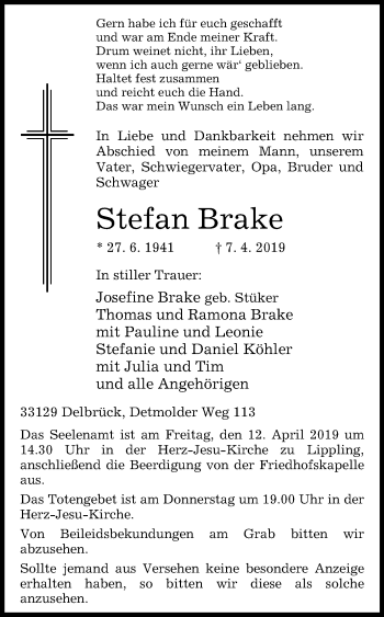 Traueranzeige von Stefan Brake von Westfalen-Blatt