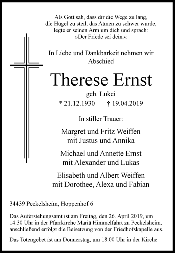 Traueranzeige von Therese Ernst von Westfalen-Blatt