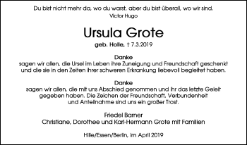 Traueranzeige von Ursula Grote von Westfalen-Blatt