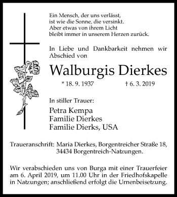 Traueranzeige von Walburgis Dierkes von Westfalen-Blatt