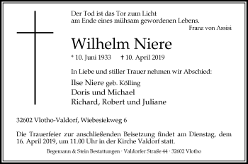 Traueranzeige von Wilhelm Niere von Westfalen-Blatt