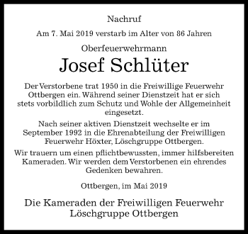 Traueranzeige von Josef Schlüter von WESTFALEN-BLATT