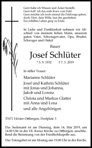 Traueranzeige von Josef Schlüter von WESTFALEN-BLATT