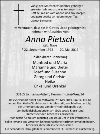 Traueranzeige von Anna Pietsch von Westfalen-Blatt