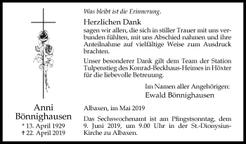 Traueranzeige von Anni Bönnighausen von Westfalen-Blatt