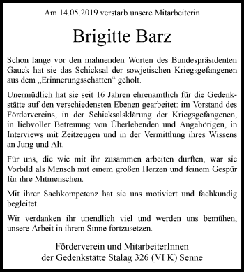 Traueranzeige von Brigitte Barz von Westfalen-Blatt