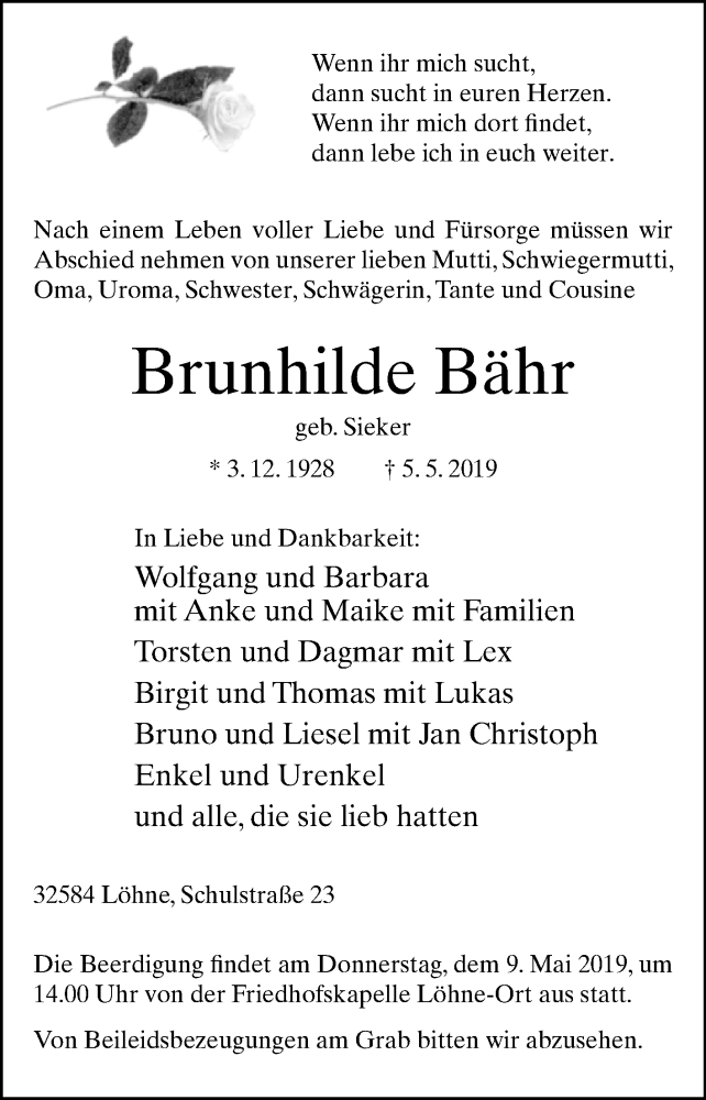  Traueranzeige für Brunhilde Bähr vom 07.05.2019 aus Westfalen-Blatt