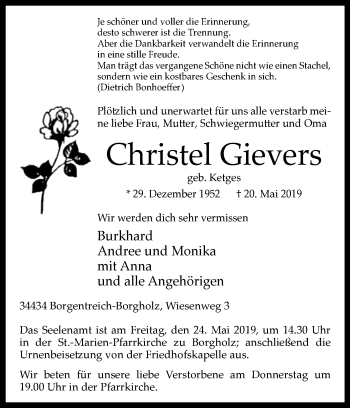 Traueranzeige von Christel Gievers von Westfalen-Blatt