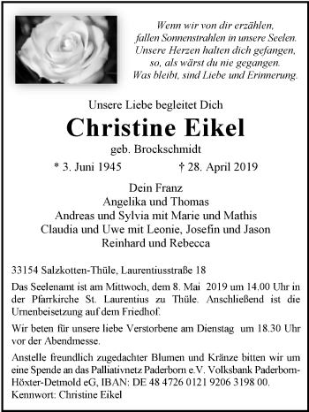 Traueranzeige von Christine Eikel von Westfalen-Blatt