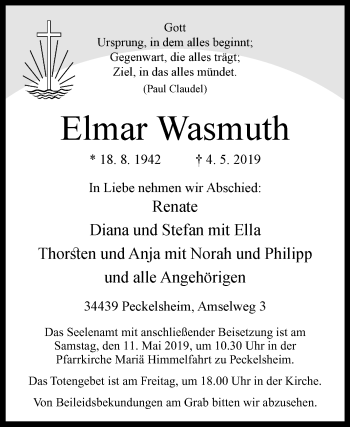 Traueranzeige von Elmar Wasmuth von Westfalen-Blatt