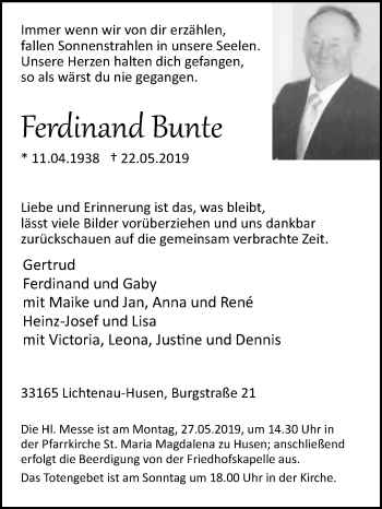 Traueranzeige von Ferdinand Bunte von Westfalen-Blatt