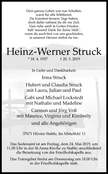 Traueranzeige von Heinz-Werner Struck von Westfalen-Blatt