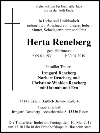 Traueranzeige von Herta Reneberg von Westfalen-Blatt