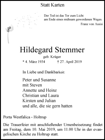 Traueranzeige von Hildegard Stemmer von Westfalen-Blatt