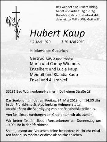 Traueranzeige von Hubert Kaup von Westfalen-Blatt