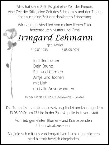 Traueranzeige von Irmgard Lehmann von Westfalen-Blatt