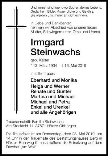 Traueranzeige von Irmgard Steinwachs von Westfalen-Blatt