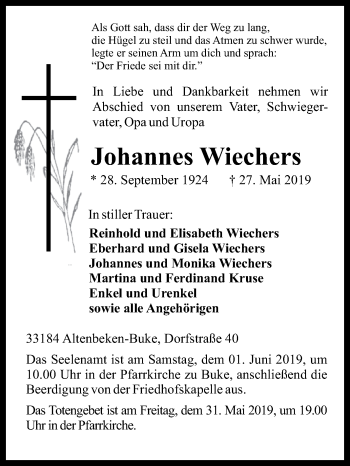 Traueranzeige von Johannes Wiechers von Westfalen-Blatt