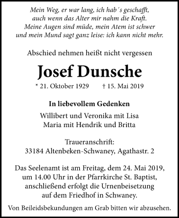 Traueranzeige von Josef Dunsche von Westfalen-Blatt