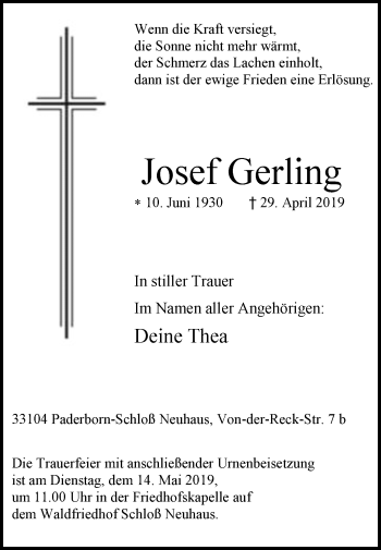 Traueranzeige von Josef Gerling