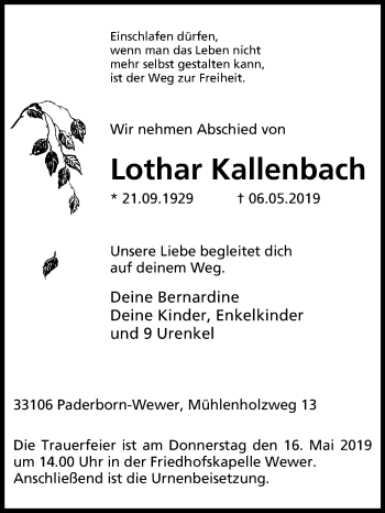 Traueranzeige von Lothar Kallenbach von Westfalen-Blatt