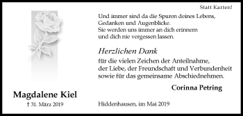 Traueranzeige von Magdalene Kiel von Westfalen-Blatt