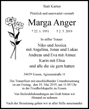 Traueranzeige von Marga Anger von Westfalen-Blatt