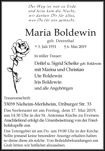 Traueranzeige von Maria Boldewin von Westfalen-Blatt