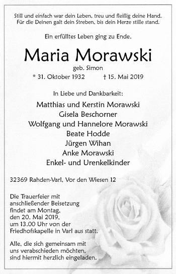 Traueranzeige von Maria Morawski von Westfalen-Blatt