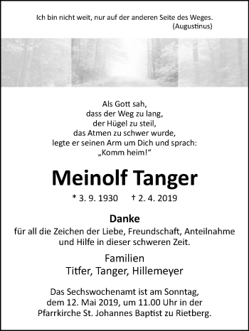 Traueranzeige von Meinolf Tanger von Westfalen-Blatt